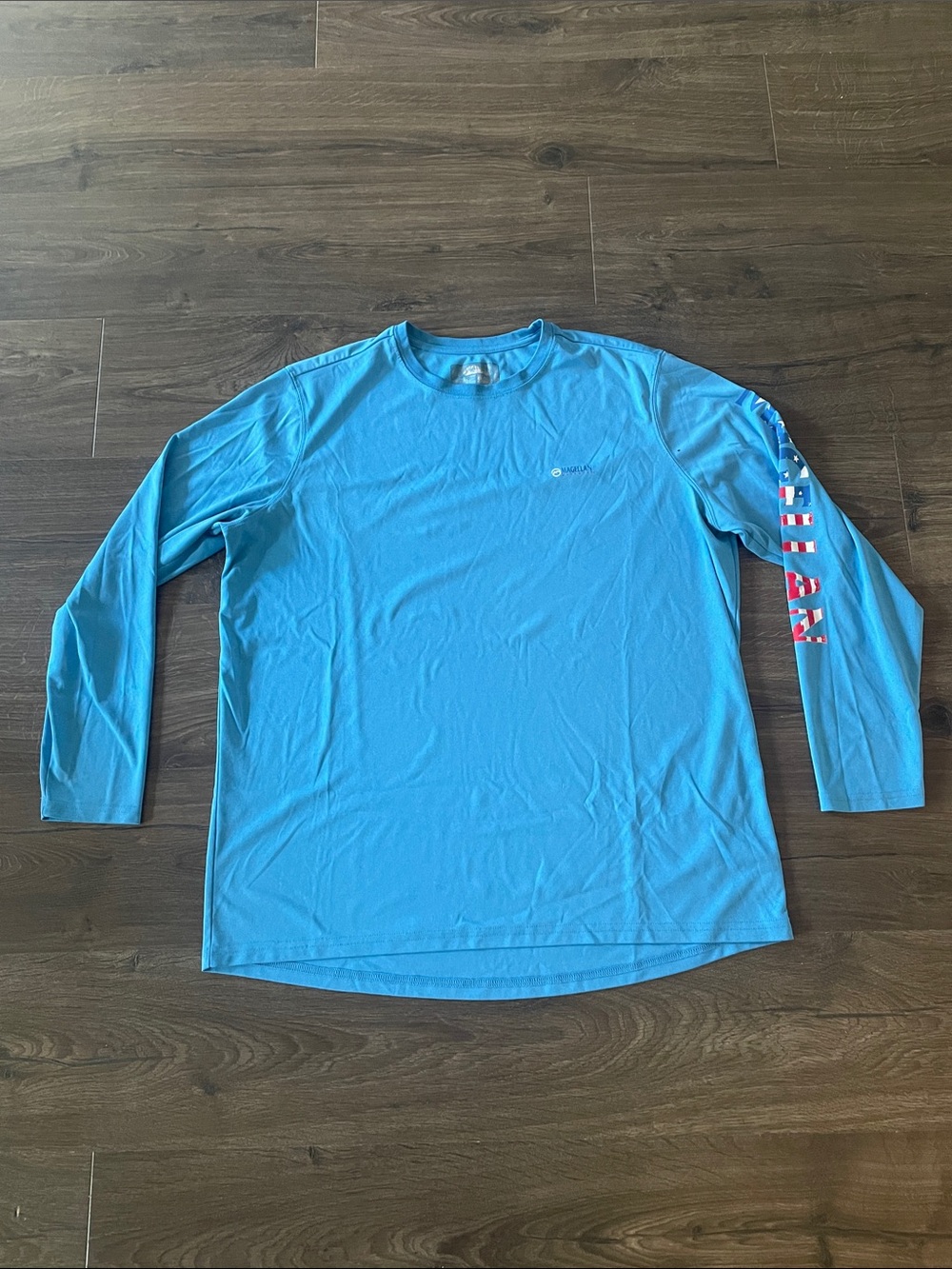 Women’s Magellan Blue Long-Sleeve Boyfriend Fit Fishing Shirt w/ Flag Accent 1X